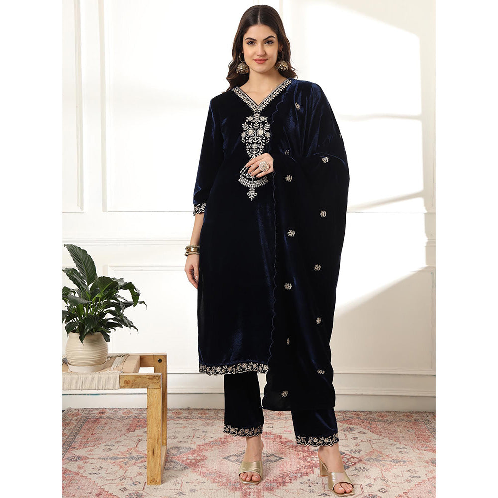 Yufta Velvet Navy Blue Kurta with Pant & Embroidered Dupatta (Set of 3)