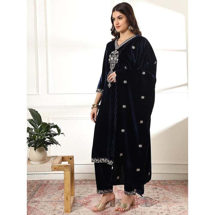 Yufta Velvet Navy Blue Kurta with Pant & Embroidered Dupatta (Set of 3)