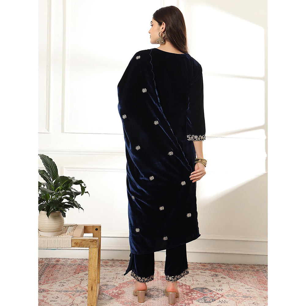 Yufta Velvet Navy Blue Kurta with Pant & Embroidered Dupatta (Set of 3)