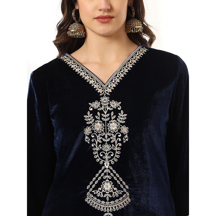 Yufta Velvet Navy Blue Kurta with Pant & Embroidered Dupatta (Set of 3)