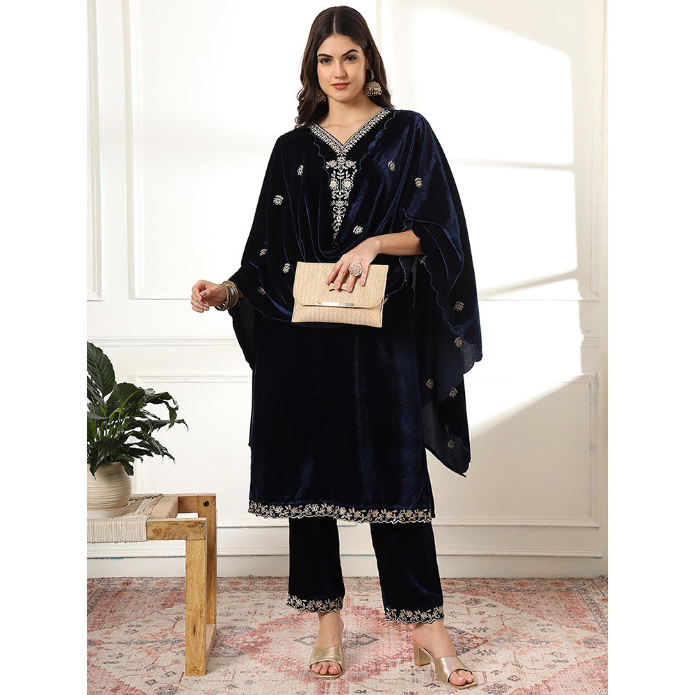 Yufta Velvet Navy Blue Kurta with Pant & Embroidered Dupatta (Set of 3)