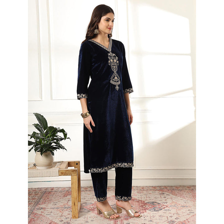 Yufta Velvet Navy Blue Kurta with Pant & Embroidered Dupatta (Set of 3)