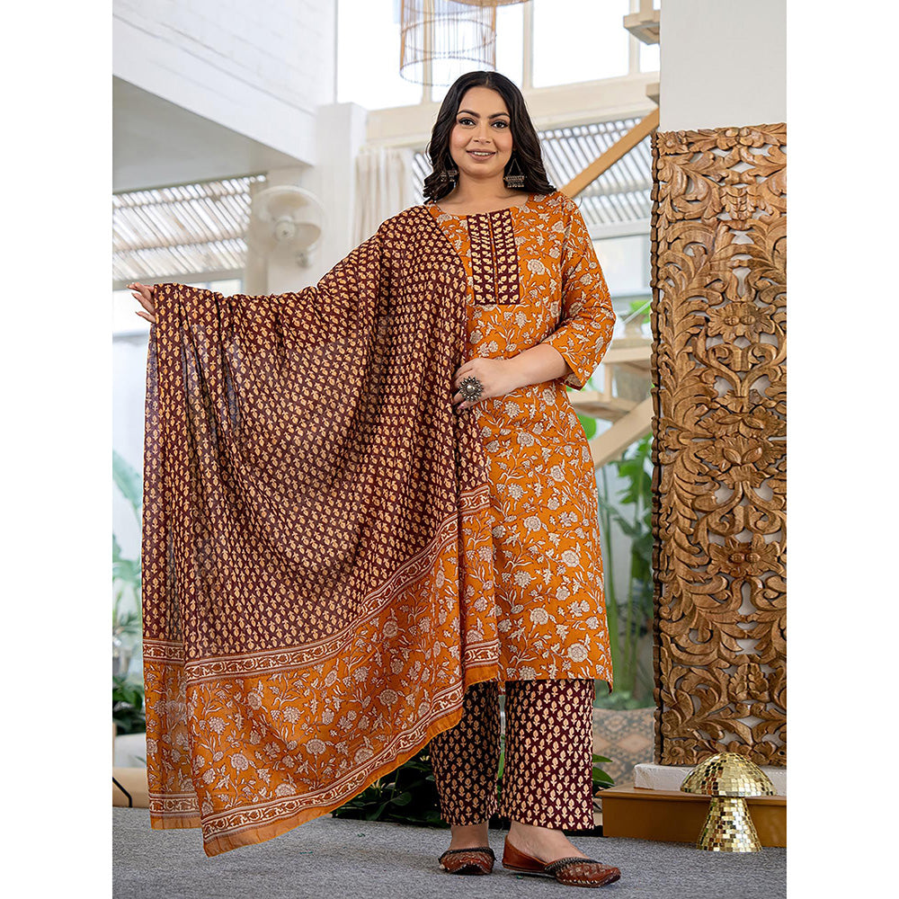 Yufta Piping On Yoke Floral Mustard Cotton Plus Size Kurta with Pant & Dupatta (Set of 3)