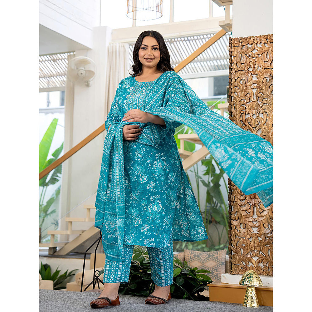 Yufta Blue Thread Work Cotton Straight Plus Size Kurta with Pant & Dupatta (Set of 3)