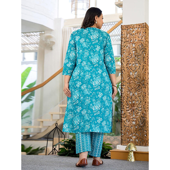 Yufta Blue Thread Work Cotton Straight Plus Size Kurta with Pant & Dupatta (Set of 3)