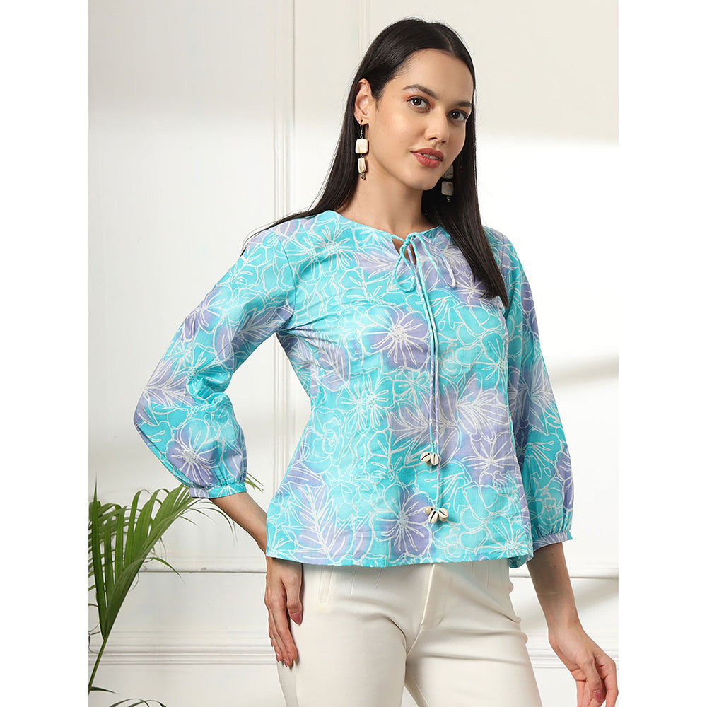 Yufta Sky Blue Printed Cotton Top