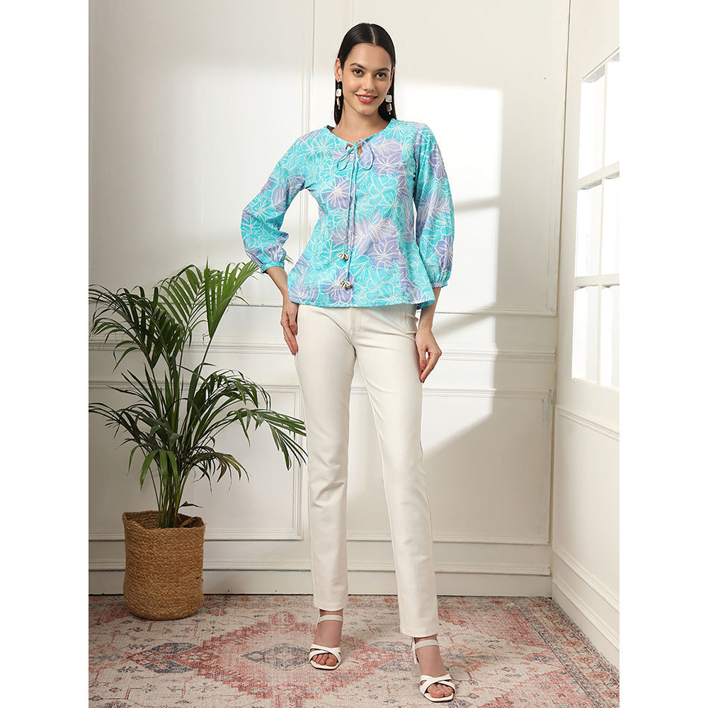 Yufta Sky Blue Printed Cotton Top