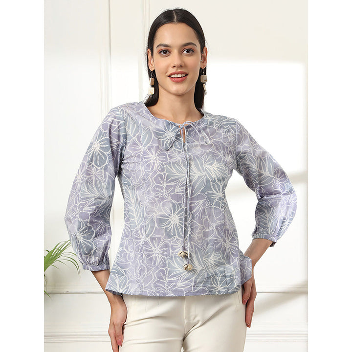 Yufta Grey Printed Cotton Peplum Top