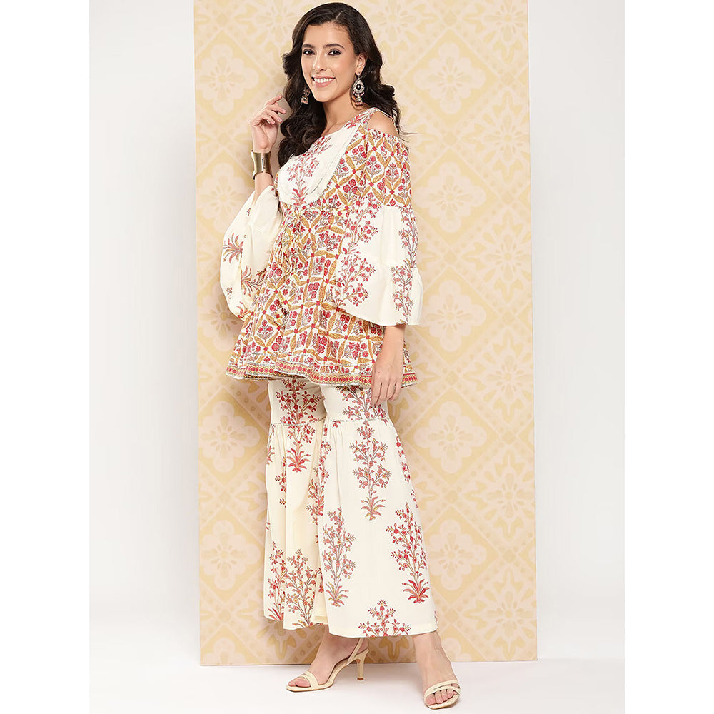 Yufta Cream Floral Print Peplum and Sharara Co Ord (Set of 2)