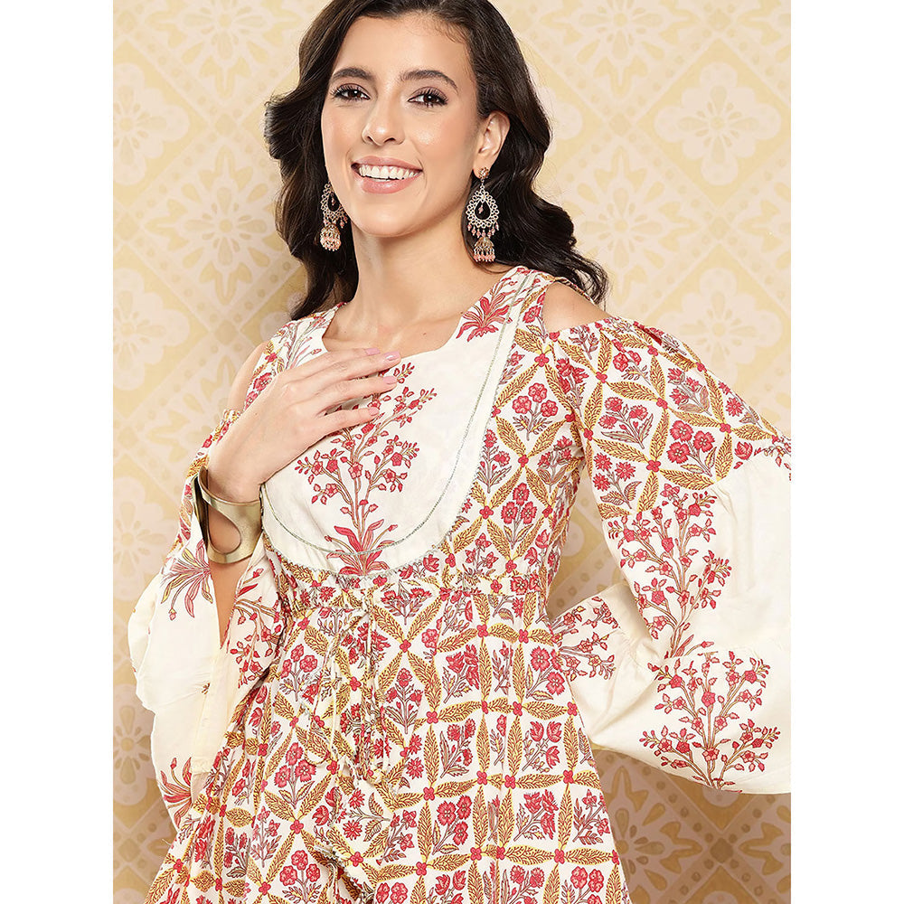 Yufta Cream Floral Print Peplum and Sharara Co Ord (Set of 2)