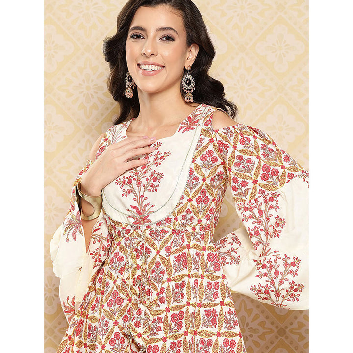 Yufta Cream Floral Print Peplum and Sharara Co Ord (Set of 2)