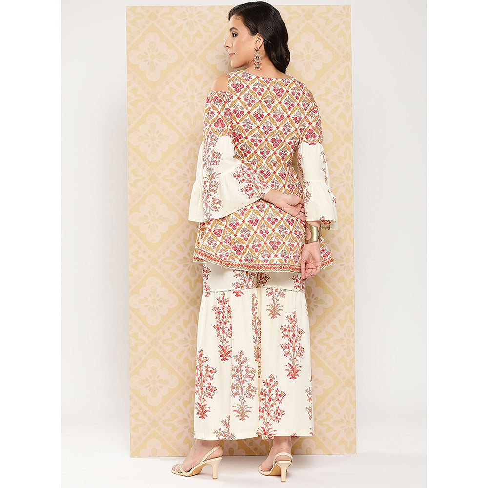 Yufta Cream Floral Print Peplum and Sharara Co Ord (Set of 2)