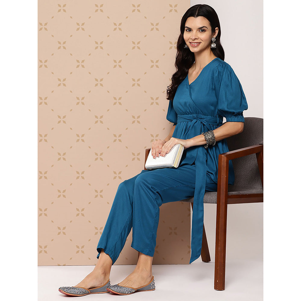 Yufta Teal Blue Solid A-Line Top and Pant Co-Ord (Set of 2)