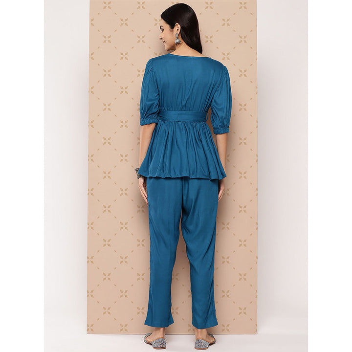 Yufta Teal Blue Solid A-Line Top and Pant Co-Ord (Set of 2)