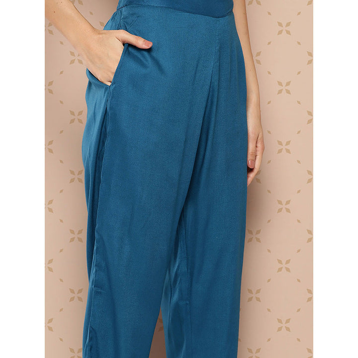 Yufta Teal Blue Solid A-Line Top and Pant Co-Ord (Set of 2)