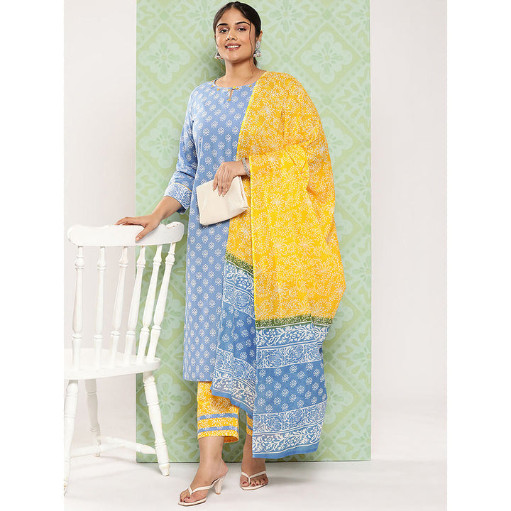 Yufta Women Blue and Yellow Cotton Kurta with Pant and Dupatta (Set of 3)