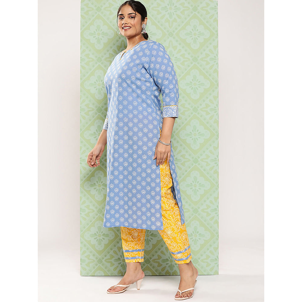 Yufta Women Blue and Yellow Cotton Kurta with Pant and Dupatta (Set of 3)