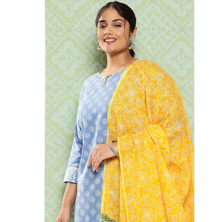 Yufta Women Blue and Yellow Cotton Kurta with Pant and Dupatta (Set of 3)