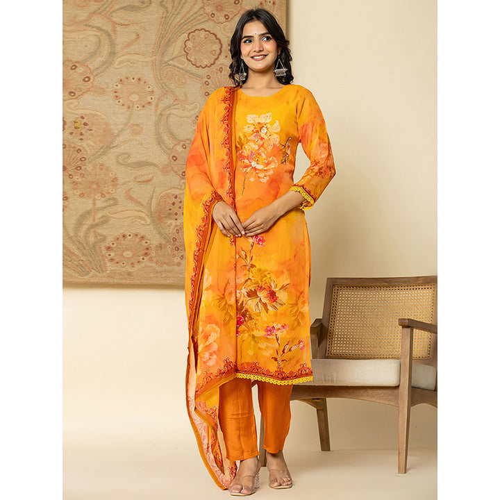 Yufta Orange Floral Kurta and Trouser with Dupatta (Set of 3)