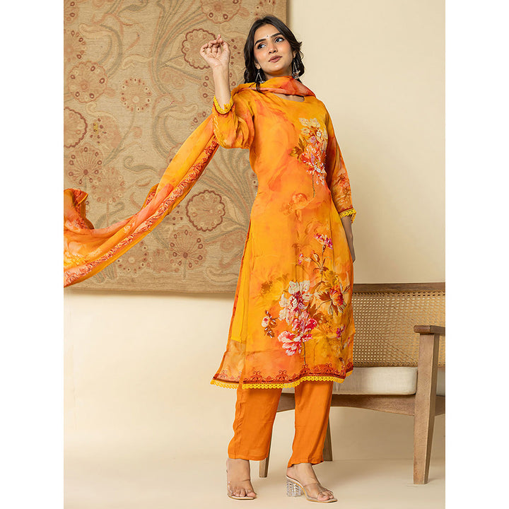 Yufta Orange Floral Kurta and Trouser with Dupatta (Set of 3)