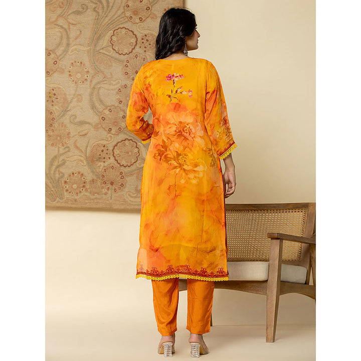 Yufta Orange Floral Kurta and Trouser with Dupatta (Set of 3)