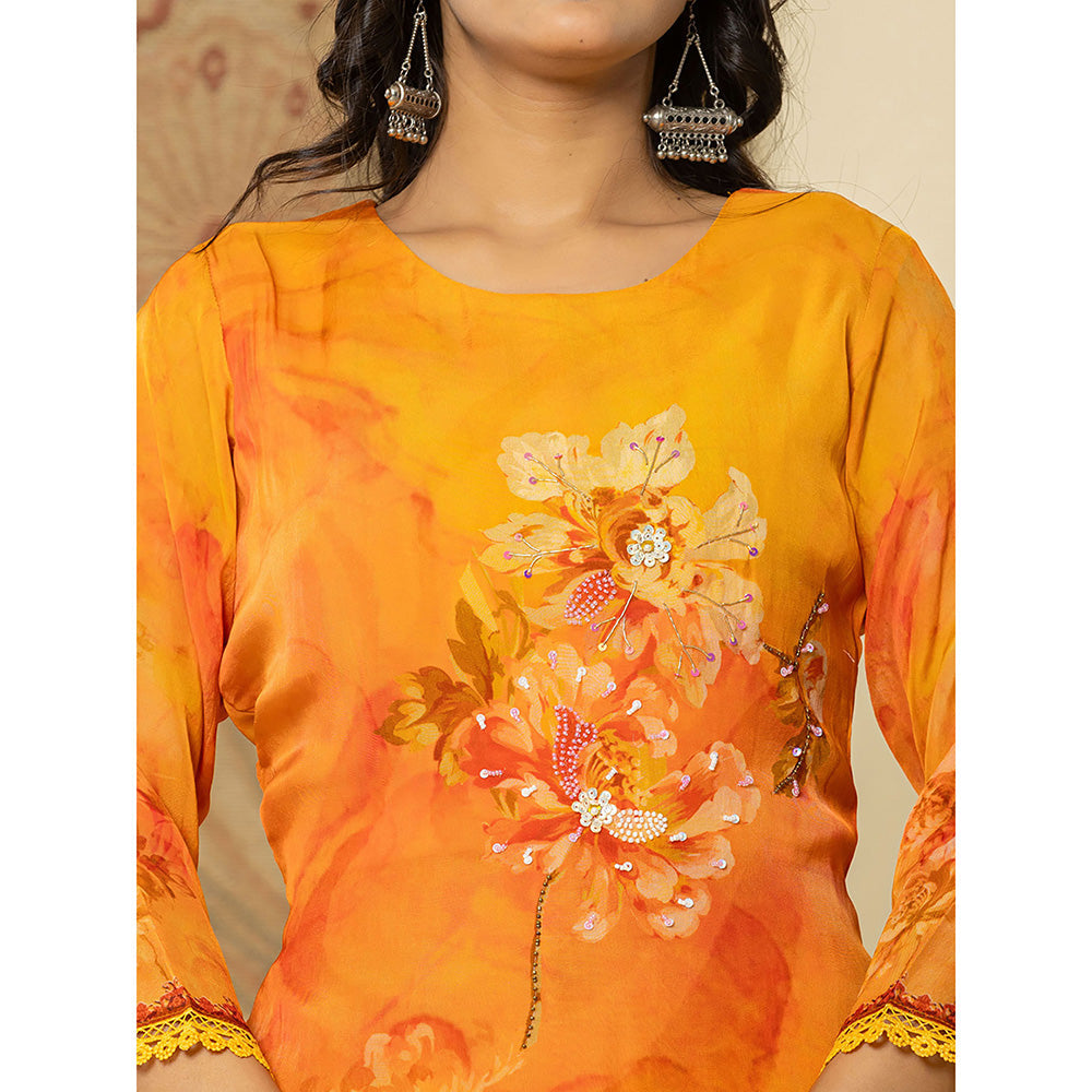 Yufta Orange Floral Kurta and Trouser with Dupatta (Set of 3)