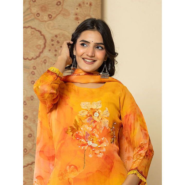 Yufta Orange Floral Kurta and Trouser with Dupatta (Set of 3)