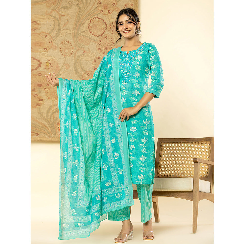 Yufta Turquoise Mirror Work Kurta and Trouser with Dupatta (Set of 3)