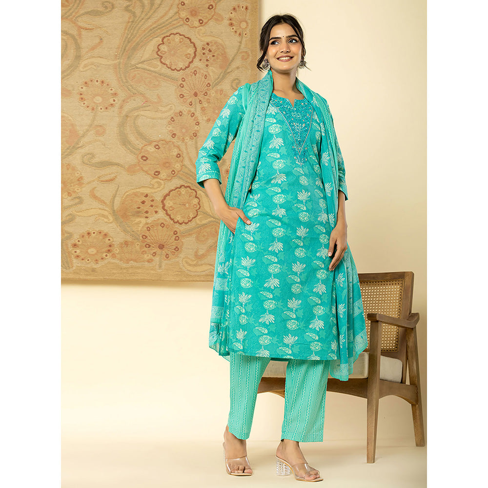 Yufta Turquoise Mirror Work Kurta and Trouser with Dupatta (Set of 3)