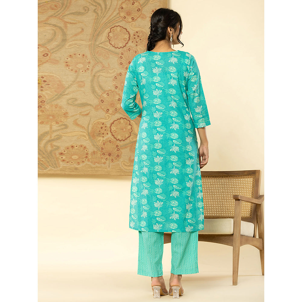 Yufta Turquoise Mirror Work Kurta and Trouser with Dupatta (Set of 3)