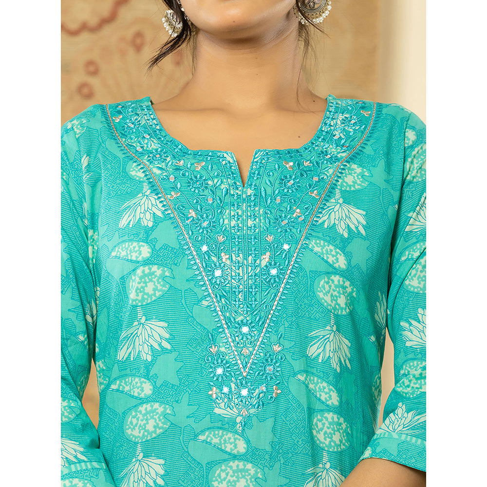 Yufta Turquoise Mirror Work Kurta and Trouser with Dupatta (Set of 3)