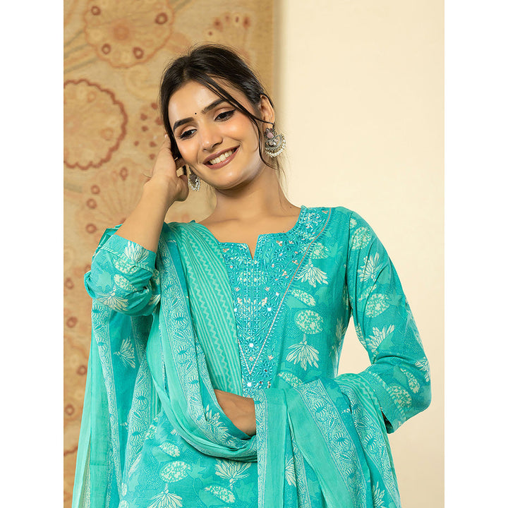 Yufta Turquoise Mirror Work Kurta and Trouser with Dupatta (Set of 3)