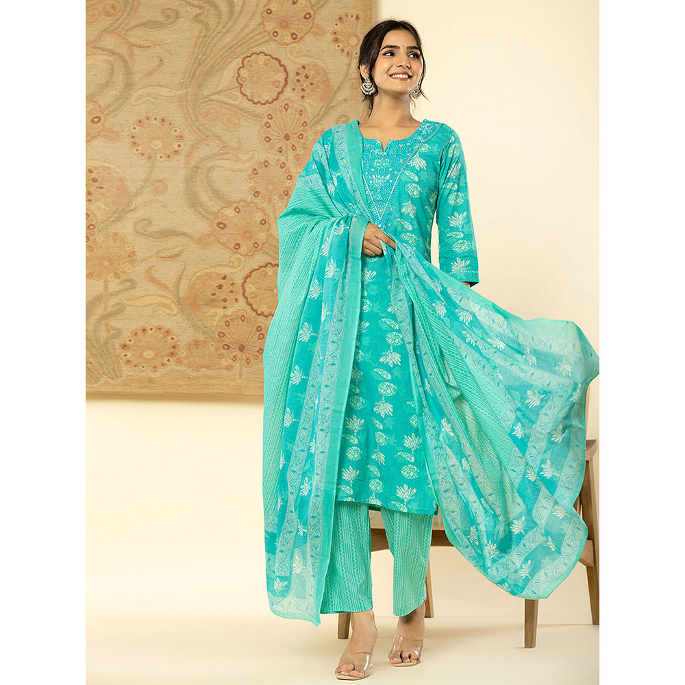 Yufta Turquoise Mirror Work Kurta and Trouser with Dupatta (Set of 3)