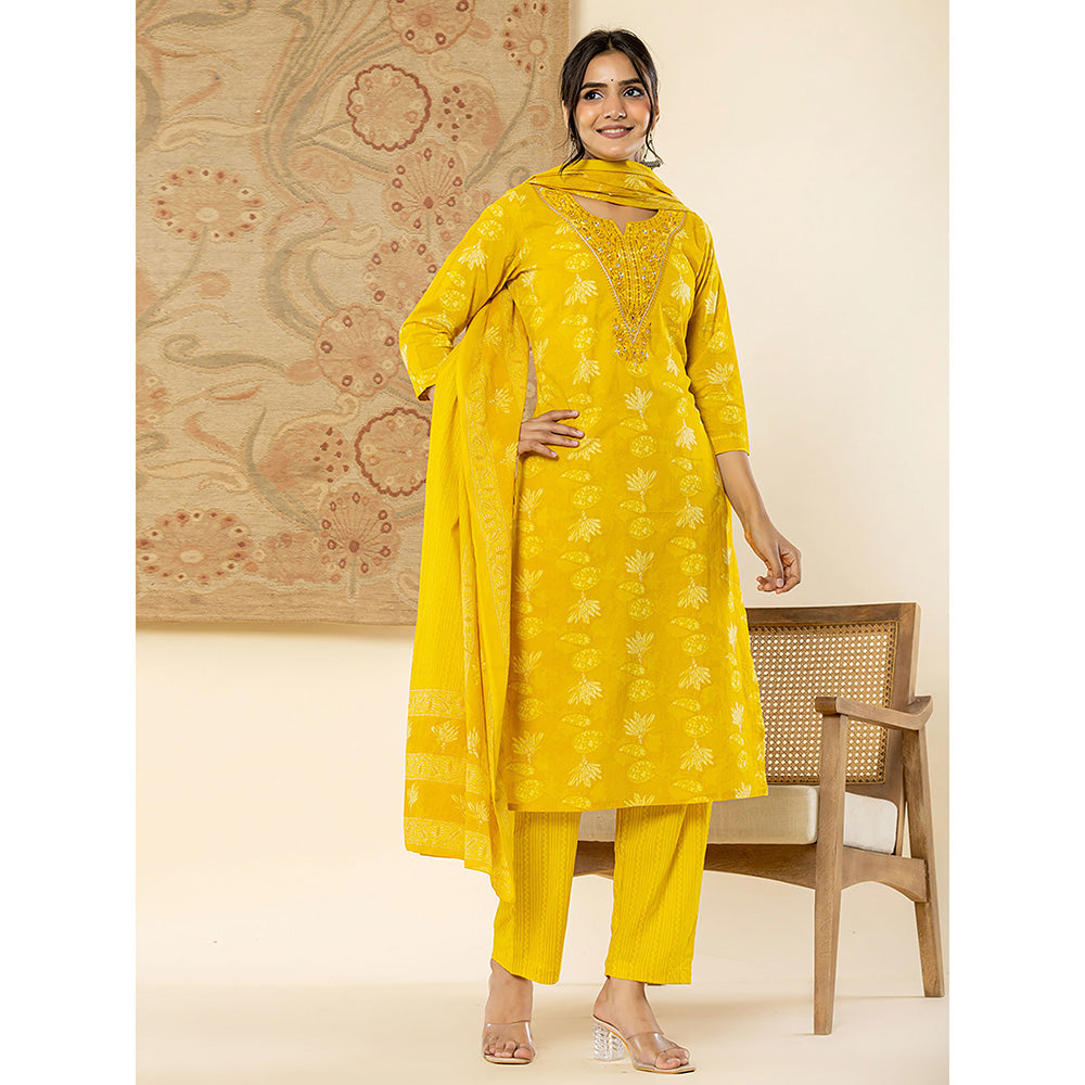 Yufta Mustard Mirror Work Kurta and Trouser with Dupatta (Set of 3)