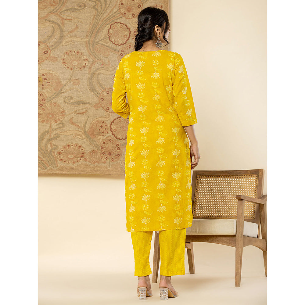 Yufta Mustard Mirror Work Kurta and Trouser with Dupatta (Set of 3)