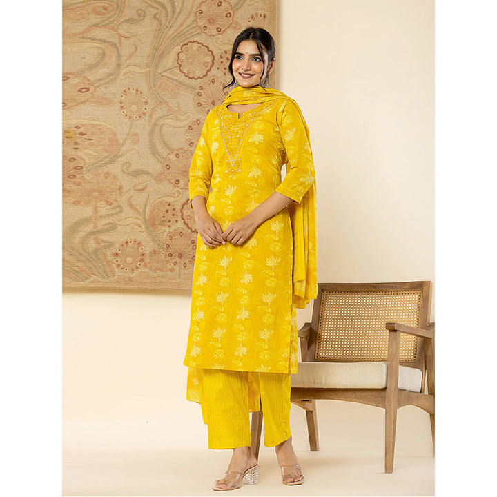 Yufta Mustard Mirror Work Kurta and Trouser with Dupatta (Set of 3)