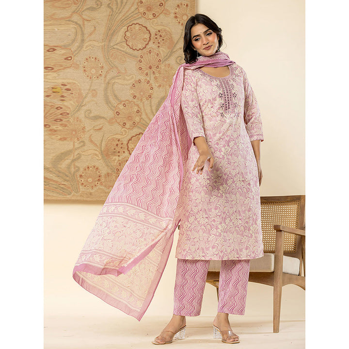 Yufta Lavender Mirror Work Kurta and Trouser with Dupatta (Set of 3)