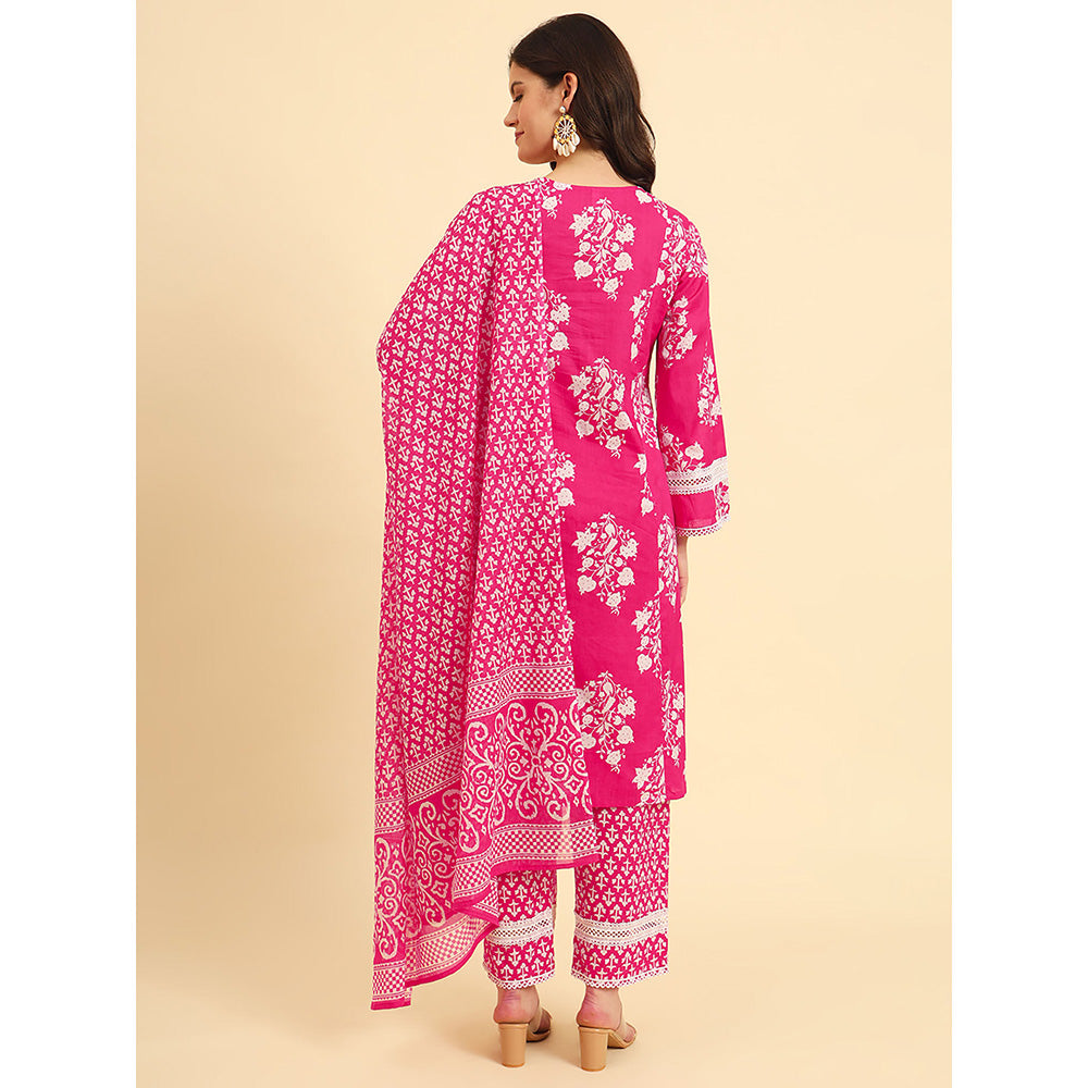 Yufta Pink Floral Kurta and Trouser with Dupatta (Set of 3)