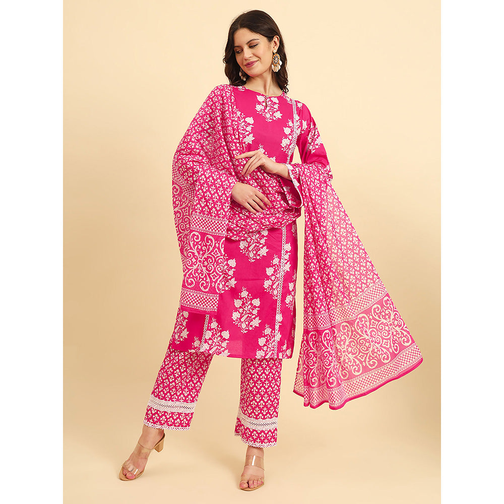 Yufta Pink Floral Kurta and Trouser with Dupatta (Set of 3)