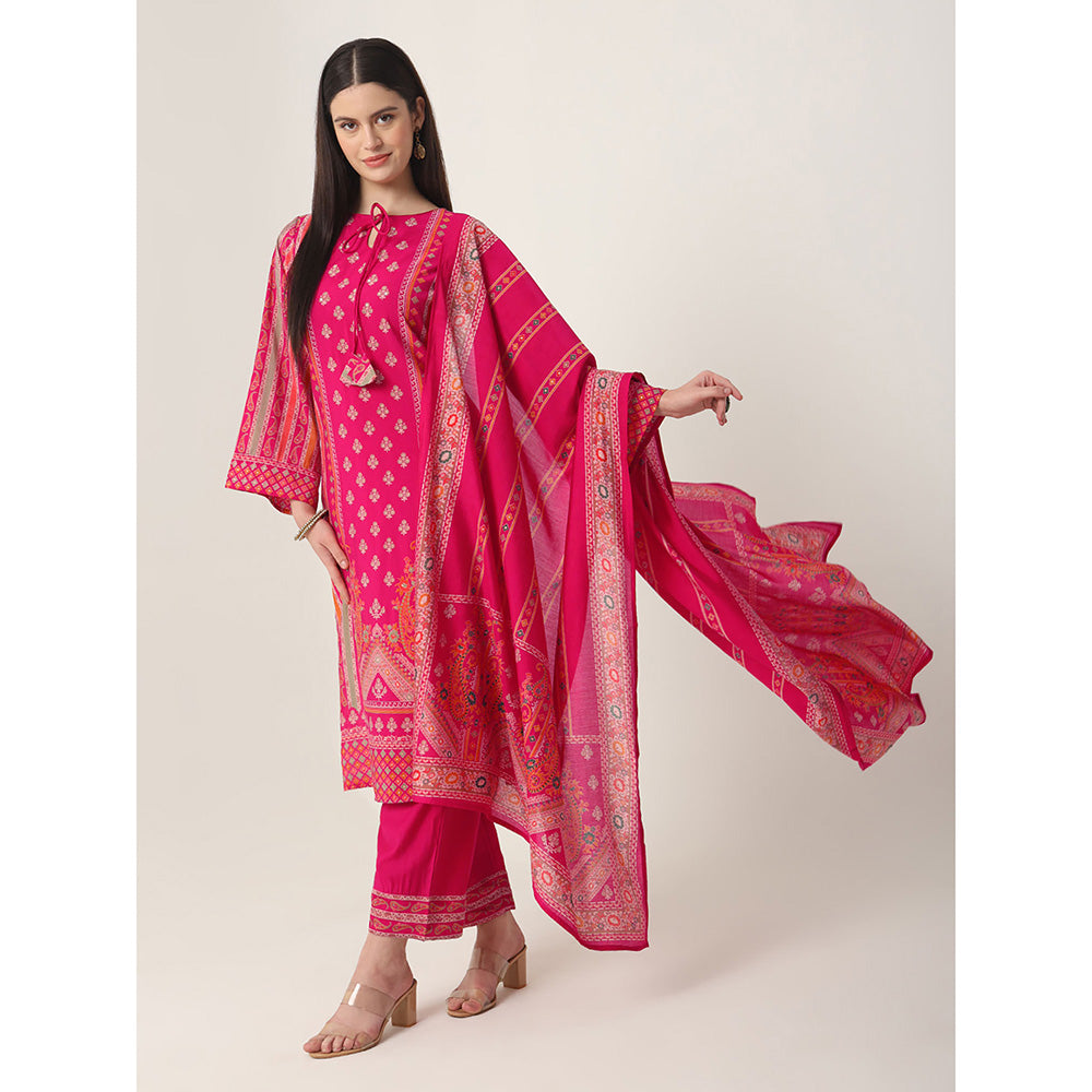 Yufta Pink Printed Kurta and Trouser with Dupatta (Set of 3)