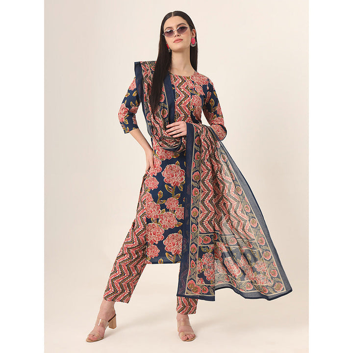 Yufta Blue Floral Kurta and Trouser with Dupatta (Set of 3)