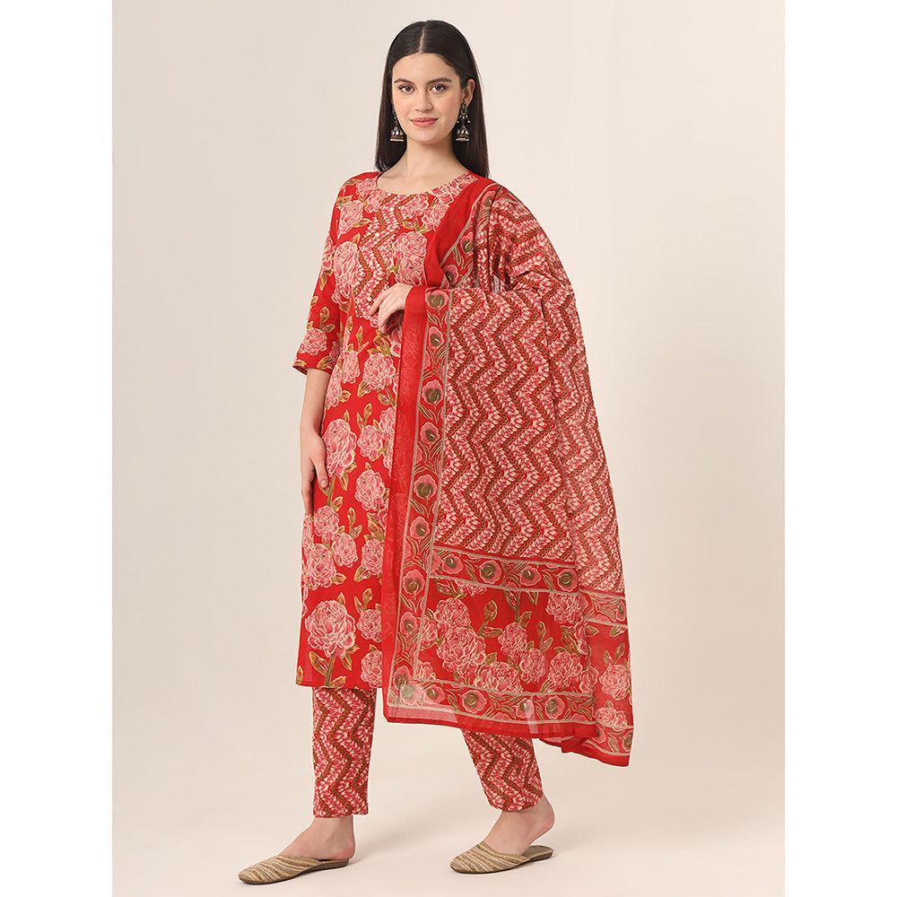 Yufta Red Floral Kurta and Trouser with Dupatta (Set of 3)