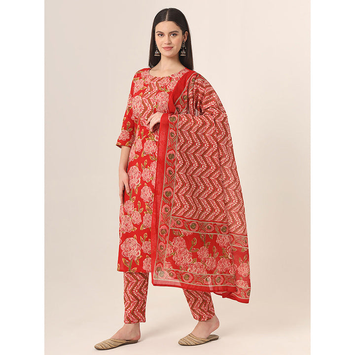 Yufta Red Floral Kurta and Trouser with Dupatta (Set of 3)