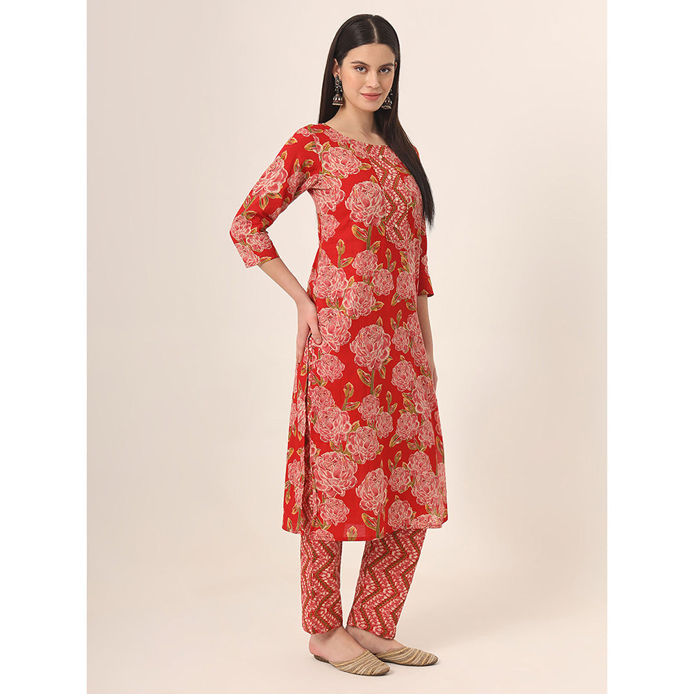 Yufta Red Floral Kurta and Trouser with Dupatta (Set of 3)