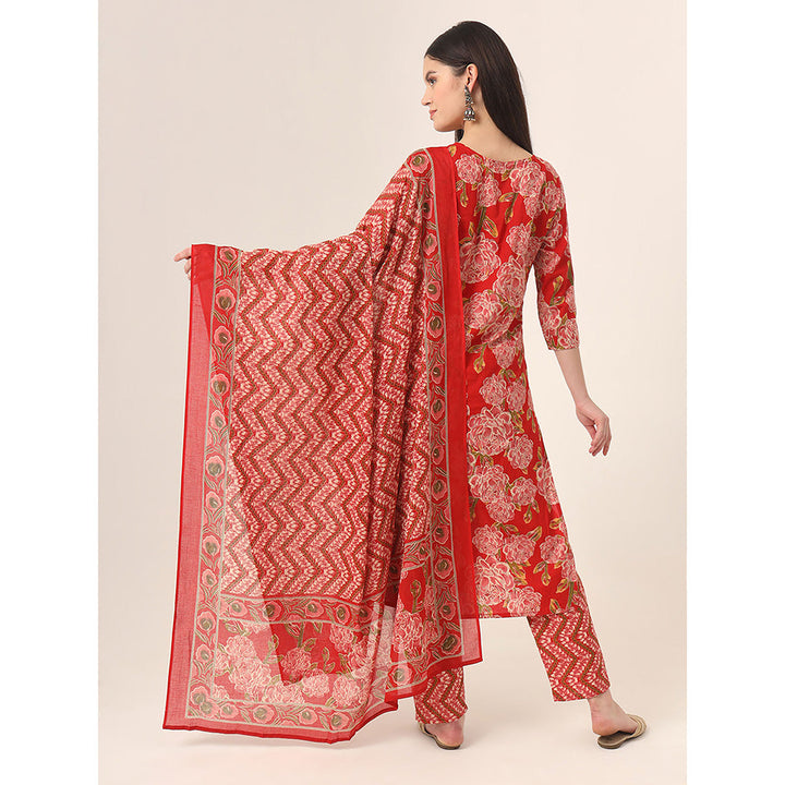 Yufta Red Floral Kurta and Trouser with Dupatta (Set of 3)