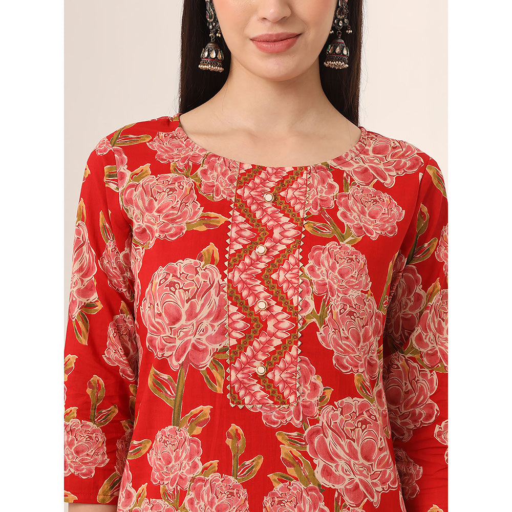 Yufta Red Floral Kurta and Trouser with Dupatta (Set of 3)