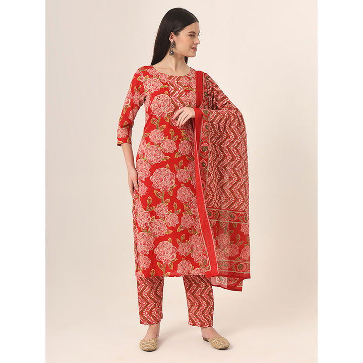 Yufta Red Floral Kurta and Trouser with Dupatta (Set of 3)