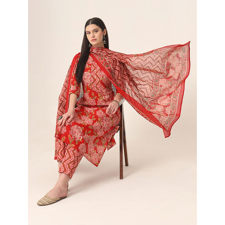 Yufta Red Floral Kurta and Trouser with Dupatta (Set of 3)