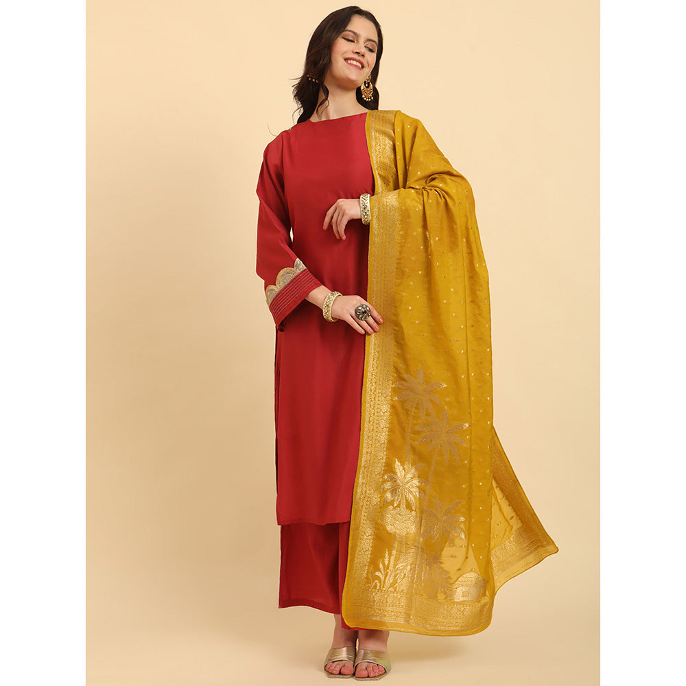 Yufta Rust Embellished Kurta and Palazzo with Dupatta (Set of 3)