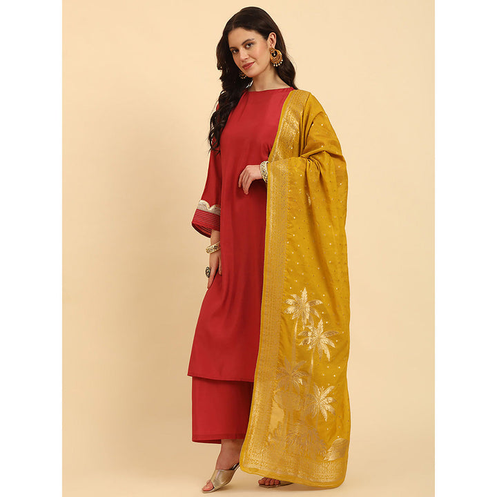 Yufta Rust Embellished Kurta and Palazzo with Dupatta (Set of 3)